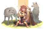  1girl :3 absurdres animal animal_ears bangs bare_arms bare_shoulders blush bone_hair_ornament bow_(weapon) braid brown_eyes brown_hair closed_mouth commentary_request dog_ears dog_girl dog_tail fangs fingerless_gloves full_body gloves hair_between_eyes hair_ornament hairclip highres hololive indian_style inugami_korone long_hair looking_at_viewer on_grass pants quiver red_gloves sitting solo tail tsukino_(nakajimaseiki) twin_braids virtual_youtuber weapon wolf 