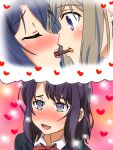  2girls adachi_sakura adachi_to_shimamura blue_hair blush closed_eyes commentary food green_eyes heart heart_in_eye highres imagining karuta_(karuta01) light_brown_hair multiple_girls pocky pocky_day pocky_kiss shimamura_hougetsu sparkle symbol_in_eye violet_eyes yuri 