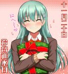  1girl akizuki_akina aqua_hair blazer bow bowtie brown_jacket closed_eyes commentary_request facing_viewer gift grin hair_ornament hairclip jacket kantai_collection long_hair orange_neckwear remodel_(kantai_collection) smile solo suzuya_(kantai_collection) translation_request upper_body 