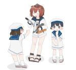  3girls bag black_eyes black_hair black_swimsuit bob_cut brown_hair closed_eyes commentary_request daitou_(kantai_collection) dress full_body hat headgear headset hiburi_(kantai_collection) high_ponytail hood hooded_jacket hoodie jacket kantai_collection low_ponytail multiple_girls name_tag sailor_collar sailor_dress sailor_hat sandals school_swimsuit shoes short_hair short_sleeves sidelocks socks speaking_tube_headset swimsuit torpedo uwabaki wateru white_dress white_jacket white_legwear yukikaze_(kantai_collection) 