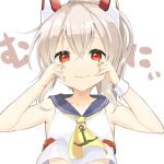  1girl ayanami_(azur_lane) azur_lane blue_sailor_collar cheek_pinching collarbone crop_top hair_between_eyes headgear high_ponytail pinching red_eyes sailor_collar silver_hair simple_background smile solo white_background yakumi_shouga yellow_neckwear 