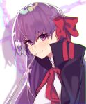  1girl bangs bb_(fate)_(all) bb_(fate/extra_ccc) black_coat breasts chip_le_cree coat fate/extra fate/extra_ccc fate_(series) hair_ribbon highres large_breasts long_hair long_sleeves neck_ribbon open_clothes open_coat popped_collar purple_hair red_ribbon ribbon very_long_hair violet_eyes 