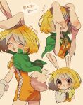  1girl animal_ears bangs blonde_hair blush bow breasts bunny_tail carrot_(one_piece) closed_eyes dress furry green_capelet highres multiple_views one_piece orange_dress rabbit_ears rabbit_girl short_dress short_hair simple_background smile tail tokuura 