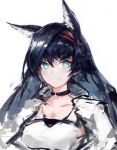 1girl animal_ears arknights black_choker blaze_(arknights) blue_eyes blue_hair breasts cat_ears choker closed_mouth commentary english_commentary gnai hairband highres jacket long_hair looking_at_viewer medium_breasts shirt simple_background smile solo upper_body white_background white_jacket white_shirt 