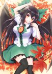  1girl absurdres arm_above_head bird_wings black_hair black_legwear black_wings blouse blush bow breasts commentary_request feet_out_of_frame green_bow green_skirt hair_between_eyes hair_bow head_tilt highres knees_together_feet_apart large_breasts leaf light_rays long_hair looking_at_viewer lying maple_leaf o1118 on_back puffy_short_sleeves puffy_sleeves red_eyes reiuji_utsuho short_sleeves skirt smile solo thigh-highs touhou very_long_hair white_blouse wings zettai_ryouiki 