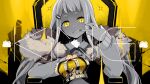  1girl artist_request fang fur_trim gonzalez_(machita_chima) highres holding_crown king_(vocaloid) looking_at_viewer machita_chima mouth_pull nijisanji official_art parody second-party_source short_bangs short_eyebrows sitting solo song_name spot_color throne virtual_youtuber yellow_eyes 