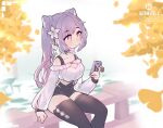  1girl alternate_costume angelica_(k3lly) bare_shoulders black_legwear blush casual cellphone choker double_bun flower genshin_impact hair_flower hair_ornament keqing_(genshin_impact) long_sleeves phone purple_hair sitting solo thigh-highs twintails violet_eyes 