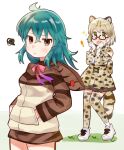  ! alternate_hairstyle animal_ears bare_shoulders blue_hair bow bowtie cat_ears cat_girl cat_tail commentary_request dress extra_ears eyebrows_visible_through_hair fang frilled_dress frills glasses gloves green_eyes hands_in_pockets high-waist_skirt highres hood hood_down hoodie kemono_friends long_hair long_sleeves margay_(kemono_friends) margay_print neck_ribbon open_mouth pleated_skirt print_gloves print_legwear print_neckwear print_skirt red_eyes red_neckwear ribbon skirt sleeveless snake_print squiggle suicchonsuisui tail thigh-highs tsuchinoko_(kemono_friends) zettai_ryouiki 