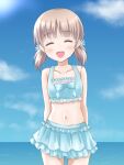  1girl :d aki_(girls_und_panzer) arms_behind_back bangs bikini bikini_skirt blue_bikini blue_sky closed_eyes clouds cloudy_sky commentary cowboy_shot day eyebrows_visible_through_hair facing_viewer frilled_bikini frills girls_und_panzer hair_tie horizon light_brown_hair navel ocean open_mouth outdoors sakurakkuma short_hair short_twintails sky smile solo standing swimsuit twintails 