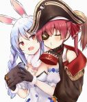  2girls ^3^ absurdres animal_ear_fluff animal_ears black_gloves coat eyebrows_visible_through_hair eyepatch fur-trimmed_gloves fur_trim gloves hands_on_another&#039;s_shoulders highres hikimayu hololive houshou_marine hug hug_from_behind huge_filesize light_blush long_hair multiple_girls nintendo_switch orange_eyes pikao pirate rabbit_ears rabbit_girl simple_background sleeves_past_fingers sleeves_past_wrists twintails upper_body usada_pekora virtual_youtuber white_background yuri 