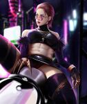  1girl abs absurdres ass bare_shoulders black_panties booger_wang breasts claws evelynn_(league_of_legends) hair_slicked_back highres huge_filesize idol k/da_(league_of_legends) k/da_evelynn league_of_legends lipstick makeup medium_breasts midriff miniskirt navel panties pantyshot purple_hair purple_legwear red_lips short_hair sitting skirt solo spread_legs straddling sunglasses thigh-highs toned underwear upskirt 