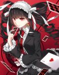  1girl black_hair bonnet card celestia_ludenberck commentary_request dangan_ronpa dangan_ronpa_1 drill_hair earrings frills gothic_lolita highres jewelry lolita_fashion long_hair looking_at_viewer nail_polish nanace_0 necktie playing_card red_eyes smile solo twin_drills twintails 