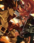  1boy 1girl amputee baiken big_hair black_gloves black_jacket black_kimono breasts brown_hair clenched_teeth commentary_request eyepatch facial_tattoo fighting fingerless_gloves gloves guilty_gear guilty_gear_xrd holding holding_sword holding_weapon jacket jacket_on_shoulders jako_(toyprn) japanese_clothes kataginu katana kimono large_breasts multicolored multicolored_clothes multicolored_kimono one-eyed open_clothes open_kimono open_mouth pink_hair ponytail red_eyes samurai scar scar_across_eye sol_badguy spiky_hair sword tattoo teeth weapon white_kimono 