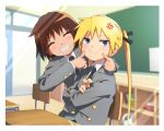  2girls anger_vein annoyed black_neckwear black_ribbon blazer blonde_hair blue_eyes blurry blurry_background brown_hair classroom closed_eyes crossed_arms desk fingers_on_another&#039;s_face fingers_to_cheeks grin hair_ribbon highres indoors jacket kill_me_baby long_hair multiple_girls necktie oribe_yasuna ribbon school_desk short_hair smile sonya_(kill_me_baby) twintails upper_body yachima_tana 