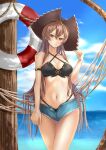  1girl anchor_earrings arm_strap artist_request azur_lane bikini blue_sky breasts brown_bikini brown_hair brown_headwear criss-cross_halter cutoff_jeans cutoffs earrings hair_between_eyes halterneck hammock hat highleg highleg_bikini highres jean_bart_(azur_lane) jean_bart_(secret_afternoon)_(azur_lane) jewelry lifebuoy long_hair medium_breasts micro_shorts navel partially_unzipped pirate_hat red_eyes shorts sky solo swimsuit very_long_hair water 