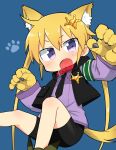  1girl absurdres animal_ear_fluff animal_ears armband badge bike_shorts black_neckwear black_vest blonde_hair collar dog_collar dog_ears dog_tail fang hair_ornament highres kill_me_baby kirara_fantasia long_hair necktie open_mouth paw_print paws red_collar richard_(richaball) solo sonya_(kill_me_baby) tail vest 