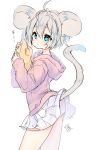  1girl ahoge animal_ears ass bangs blue_eyes blush cheese closed_mouth commentary_request drawstring eyebrows_visible_through_hair food grey_hair hair_between_eyes hands_up highres holding holding_food hood hood_down hoodie looking_at_viewer looking_to_the_side mouse_ears nachiru original panties pink_hoodie pleated_skirt short_hair signature simple_background skirt sleeves_past_wrists solo tail_raised translation_request underwear white_background white_panties white_skirt 