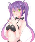  1girl blush breasts english_commentary fingernails green_eyes hair_between_eyes hair_ornament hairclip hands_together highres hololive liyaku medium_breasts navel open_mouth purple_hair simple_background solo swimsuit tokoyami_towa twintails virtual_youtuber white_background 