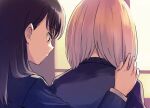  2girls black_hair facing_away from_behind hand_on_another&#039;s_shoulder long_hair multiple_girls niina_ryou pink_hair profile school_uniform shinjou_akane short_hair ssss.gridman takarada_rikka 