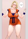  1girl absurdres android_18 blonde_hair blue_eyes blue_sash blush bracer breasts collarbone dougi dragon_ball dragon_ball_z english_commentary english_text feet_out_of_frame highres large_breasts looking_at_viewer mature nose_blush panties parted_lips pink_panties sash short_hair solo speech_bubble standing sweatdrop thejnsdh underwear 