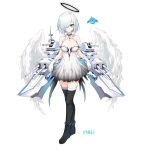  1girl animal bangs bare_shoulders bird black_footwear black_hair blue_eyes boots breasts cannon closed_mouth collarbone copyright_request dress eyebrows_visible_through_hair feathered_wings full_body gloves hair_over_one_eye halo highres looking_at_viewer machinery medium_breasts shibanme_tekikumo short_hair silver_hair simple_background skirt_hold sleeveless sleeveless_dress smile solo standing thigh-highs thighhighs_under_boots turret white_background white_dress white_gloves white_wings wings 