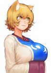  1girl absurdres animal_ears blonde_hair breast_rest breasts chanta_(ayatakaoisii) closed_mouth fox_ears hands_in_opposite_sleeves highres huge_breasts long_sleeves looking_to_the_side short_hair simple_background slit_pupils smile solo touhou upper_body white_background yakumo_ran yellow_eyes 