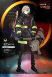  1girl agent_vector_(girls_frontline) alternate_costume axe boots crossover firefighter girls_frontline grey_hair gun holstered_weapon hose hose_reel jacket kriss_vector new_york_city_fire_deparment official_alternate_costume official_art shawl short_hair solo submachine_gun thigh-highs tom_clancy&#039;s_the_division vector_(girls_frontline) watch watch weapon yellow_eyes 
