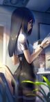  1girl alice_gear_aegis ass bangs black_hair bodysuit eyebrows_behind_hair from_behind from_side glasses highres holding holding_paper holding_tablet_pc leggings long_hair looking_down momoshina_fumika paper pinakes plant sidelocks solo tablet_pc thigh_strap violet_eyes 