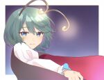  1girl antennae blue_background blue_eyes blush border cape closed_mouth eyebrows_visible_through_hair eyelashes gradient gradient_background green_hair juliet_sleeves kirarin_514 light_smile long_sleeves puffy_sleeves shirt short_hair simple_background solo touhou upper_body white_shirt wriggle_nightbug 