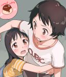  2girls black_hair blush brown_eyes casual clothes_writing food hug konno_makoto konno_miyuki long_hair multiple_girls niina_ryou pudding shirt short_hair spoken_food striped striped_shirt sweatdrop tears toki_wo_kakeru_shoujo wavy_mouth 