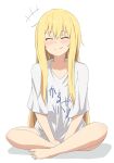  1girl ahoge bangs between_legs blonde_hair blue_eyes blush closed_eyes closed_mouth collarbone commentary crossed_legs eyebrows_visible_through_hair feet full_body gabriel_dropout hair_between_eyes hand_between_legs highres long_hair messy_hair no_legwear oversized_clothes piyomi shiny shiny_hair shirt short_sleeves sidelocks simple_background sitting smile solo tenma_gabriel_white translation_request very_long_hair white_background white_shirt 