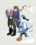  &gt;:) 1girl 2boys ainu ainu_clothes aqua_eyes asirpa bandana black_hair boots bow_(weapon) buzz_cut cape facial_hair fur_boots fur_cape golden_kamuy hat holding holding_bow_(weapon) holding_weapon kepi long_hair military_hat multiple_boys oku_(2964_okn) scar scar_on_cheek scar_on_face scar_on_mouth scar_on_nose scarf shaved_head shiraishi_yoshitake sugimoto_saichi trembling weapon winter 