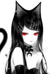  1girl :p animal_ears artist_name bangs bare_shoulders cat_ears choker commentary dress frilled_choker frills hair_ornament hairclip highres long_hair original red_eyes sheya signature solo spot_color strapless strapless_dress swept_bangs tongue tongue_out upper_body 