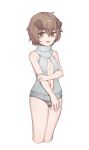  1boy :d absurdres animal_ears arknights arm_grab blush brown_eyes brown_hair brown_panties bulge cropped_legs crossdressinging dog_ears dress eyebrows_visible_through_hair grey_sweater greyy_(arknights) hair_between_eyes highres lan_mao_akko looking_at_viewer meme_attire navel open-chest_sweater open_mouth otoko_no_ko panties ribbed_sweater short_hair simple_background smile solo standing sweater sweater_dress underwear virgin_killer_sweater white_background 