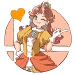 1girl ;) blue_eyes brooch brown_hair dress earrings eyebrows_visible_through_hair flipped_hair flower_earrings gloves grin hand_on_hip hand_up heart index_finger_raised jewelry long_hair looking_at_viewer super_mario_bros. nishikuromori one_eye_closed orange_dress princess princess_daisy puffy_short_sleeves puffy_sleeves short_sleeves simple_background smash_ball smile solo super_smash_bros. white_background white_gloves 