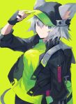  1girl alternate_color animal_ears arknights backpack bag baseball_cap black_gloves black_headwear black_jacket blue_eyes breasts click_(arknights) closed_mouth commentary cowboy_shot eyes_visible_through_hair fingerless_gloves gloves green_background green_shirt hand_on_headwear hat jacket looking_at_viewer medium_breasts mouse_ears mouse_tail open_clothes open_jacket sasa_onigiri shirt short_hair silver_hair simple_background smile solo spiky_hair tail 