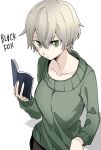  1girl black_fox book green_eyes green_sweater mia_(black_fox) niina_ryou open_book short_hair silver_hair simple_background solo sweater white_background 