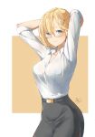  1girl arms_up bespectacled black_skirt blonde_hair blue_eyes blush breasts closed_mouth collared_shirt commentary cowboy_shot dated dress_shirt english_commentary glasses gold-framed_eyewear hair_ornament highres hololive hololive_english light_smile looking_at_viewer medium_breasts orange_background shirt short_hair signature simple_background skirt smile solo suiiryu virtual_youtuber watson_amelia white_shirt wing_collar 