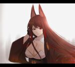  1girl absurdres akagi_(azur_lane) akizuki_(17769498) animal_ears azur_lane black_gloves breasts brown_hair brown_kimono eyeshadow fox_ears gloves hand_in_hair highres japanese_clothes kimono large_breasts light_smile long_hair makeup red_eyes red_eyeshadow solo wide_sleeves 