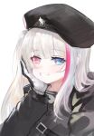  1girl bangs beret black_headwear black_jacket blue_eyes blush commentary_request dokomon eyebrows_visible_through_hair girls_frontline glint gloves grin hand_up hat heterochromia highres jacket korean_commentary long_hair long_sleeves looking_at_viewer mdr_(girls_frontline) multicolored_hair one_side_up purple_hair red_eyes silver_hair simple_background smile solo streaked_hair upper_body white_background white_gloves 