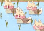  4girls animal_ear_fluff animal_ears animalization bangs bird blush commentary_request day duck eyebrows_visible_through_hair fox_ears fox_tail hair_bun hair_ornament highres human_head kemomimi-chan_(naga_u) looking_away multiple_girls naga_u original outdoors red_eyes rice_paddy spring_onion tail v-shaped_eyebrows water 