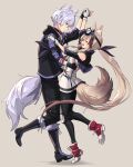  1boy 1girl absurdly_long_hair animal_ear_fluff animal_ears arknights armband black_choker black_footwear black_gloves black_jacket black_pants blush boots breasts brown_hair cardigan_(arknights) choker closed_eyes closed_mouth clothing_cutout dancing dog_ears dog_tail eyebrows_visible_through_hair fingerless_gloves from_side full_body fur-trimmed_boots fur_trim gloves goggles goggles_on_head grey_background hair_between_eyes highres holding_hands jacket light_brown_hair long_hair looking_at_another multicolored_hair open_mouth pants ponytail profile purple_hair red_footwear shirt short_hair shoulder_cutout sigm@ simple_background small_breasts smile standing standing_on_one_leg steward_(arknights) streaked_hair tail two-tone_hair very_long_hair violet_eyes white_gloves white_shirt 