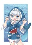  1girl bangs blue_eyes blue_nails blunt_bangs chibi colonel_aki eyebrows_visible_through_hair fish_bone gawr_gura hands_up hololive hololive_english hood hood_up hoodie looking_at_viewer open_mouth sharp_teeth short_hair smile solo tail teeth virtual_youtuber white_hair 