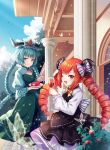  2girls alternate_costume aqua_eyes aqua_hair braid dress drill_hair headgear hichou highres horns infinite_blade_pavilion long_hair multiple_girls one_eye_closed original redhead smile togura_magura touhou twin_braids twin_drills yasogami_shuu 