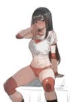  1girl abs black_hair blue_eyes blush bow_(bhp) buruma closed_mouth elbow_pads long_hair looking_at_viewer navel original red_buruma shirt simple_background sitting solo sweat toned white_background white_shirt wiping_sweat wristband 