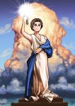  1girl absurdres blue_sky blush brown_eyes brown_hair chanta_(ayatakaoisii) closed_mouth clouds columbia_pictures cumulonimbus_cloud day hand_up highres holding holding_torch huge_filesize looking_at_viewer outdoors parody podium robe shawl short_hair sky smile solo standing torch 