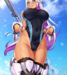  1girl black_legwear blush bracelet breasts collar dark_skin dark-skinned_female eyebrows_visible_through_hair green_eyes hair_between_eyes highleg highleg_swimsuit impossible_clothes impossible_swimsuit jewelry large_breasts long_hair multicolored_hair nidy one-piece_swimsuit original purple_hair skin_tight sky solo swimsuit tongue tongue_out two-tone_hair wet white_hair 