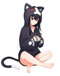  1girl :o animal_ears animal_hood bangs barefoot black_hair black_hoodie cat_ears cat_hood cat_tail collarbone copyright_request crossed_legs eyebrows_visible_through_hair fake_animal_ears full_body hair_between_eyes hood hood_up hoodie long_hair long_sleeves looking_at_viewer parted_lips red_eyes shibanme_tekikumo sitting sleeves_past_wrists solo steepled_fingers tail wide_sleeves 