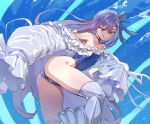  1girl :q bare_shoulders black_choker blue_swimsuit bow_(bhp) choker fate/grand_order fate_(series) highleg highleg_swimsuit long_hair looking_at_viewer meltryllis meltryllis_(swimsuit_lancer)_(fate) off_shoulder one-piece_swimsuit purple_hair smile solo swimsuit thigh-highs tongue tongue_out white_legwear 