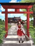  1girl ascot bamboo_broom blue_sky bow broom brown_eyes brown_hair bush clouds cloudy_sky dappled_sunlight detached_sleeves frilled_skirt frills full_body hakurei_reimu hakurei_shrine highres japanese_clothes looking_to_the_side miko navel outdoors path red_bow red_skirt ribbon-trimmed_sleeves ribbon_trim rooftop rope sakuremi shade shide shimenawa shrine signature skirt sky solo stairs stone_lantern stone_path stone_stairs sunlight sweeping torii touhou tree wide_sleeves 